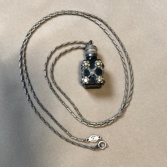 Catherine Popesco Jewelry - Vintage Perfume Bottle France LVP Silver Necklace La Vie Parisienne Scent 90s